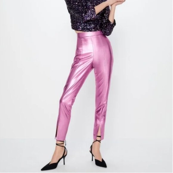 Zara Pants - Zara Metallic Shiny Legging High Rise Pants in Pink NEW S